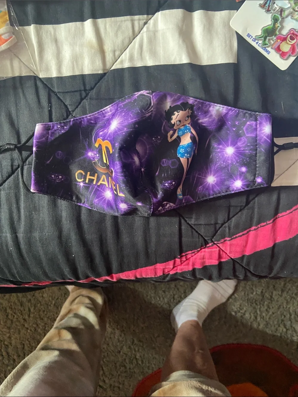 CHANEL Purple Galaxy Print Face Mask with Cartoon Motif